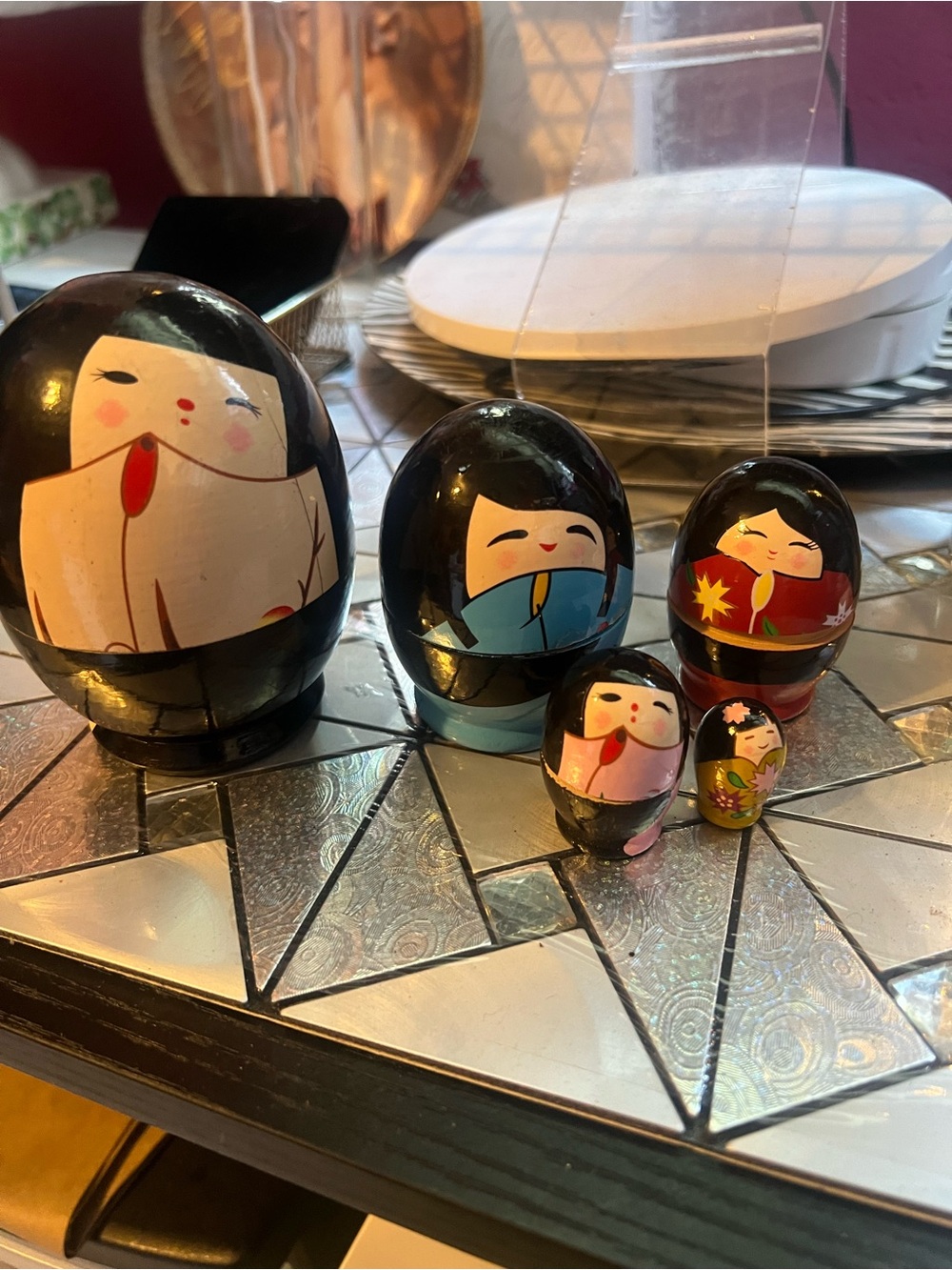 Hand-Painted Black Japanese Nesting Dolls - Set of 5 vintage